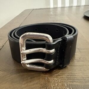 EXPRESS Italian Leather CLASSIC BLACK BELT Silver Modernist Sleek Buckle M 34